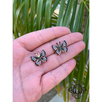 Gold Butterfly Stud Earrings with Black Zirconia Crystals